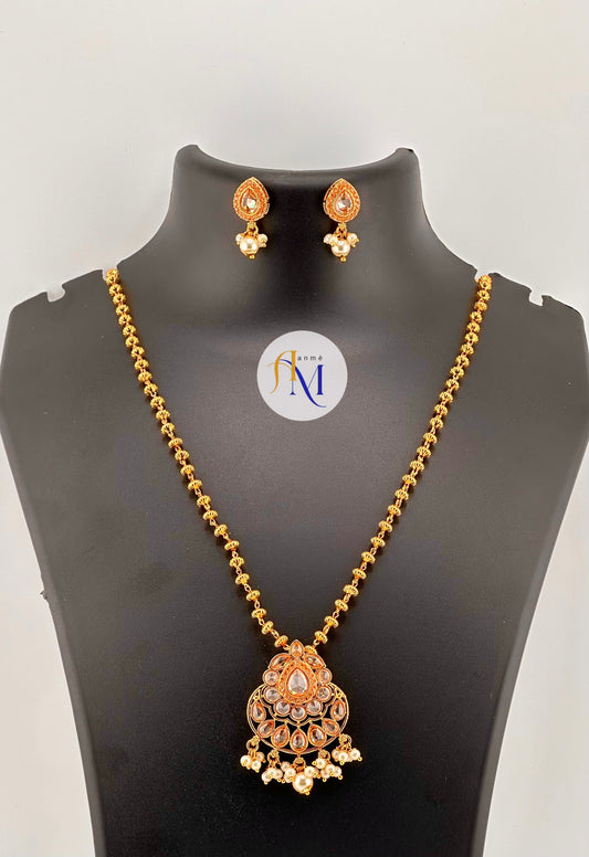 Simple white stone pearl hangings pendant with golden chain haram and cute earrings