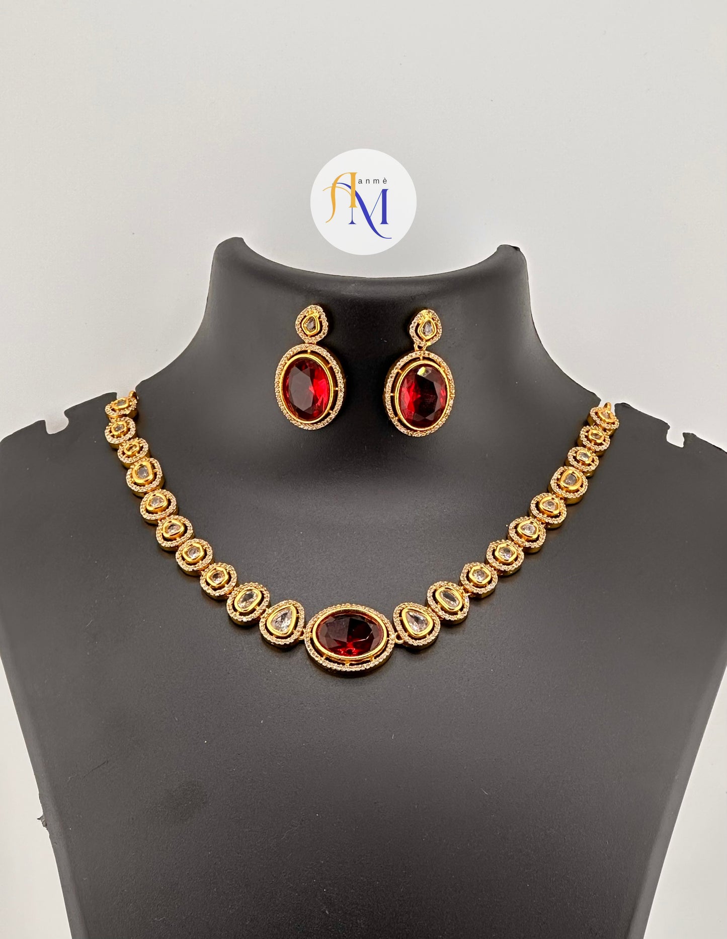 Elegant and beautiful diamond look alike necklace with beautiful red stone and white stones