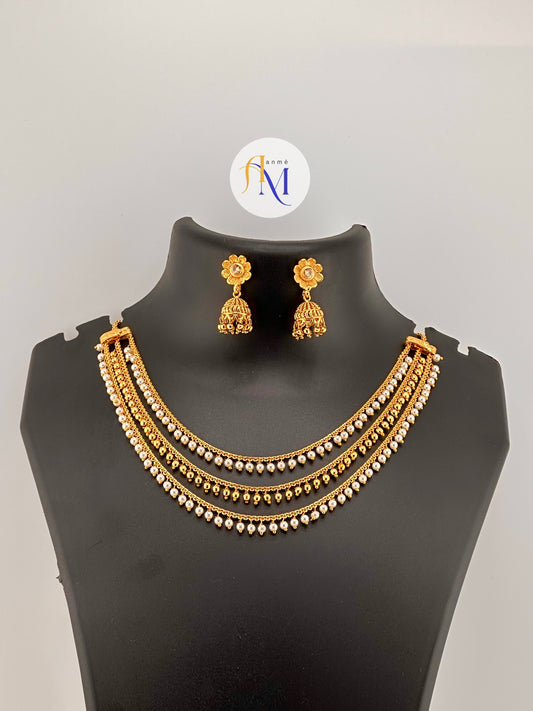 Trending 3 layer necklace with small jhumkas(Available in 3 colors)