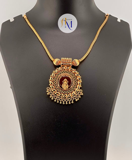 Round Lakshmi pendant with maroon background necklace