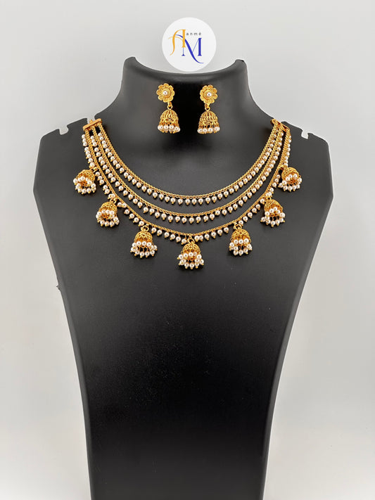 Trending 3 layer necklace with small jhumkas and earrings