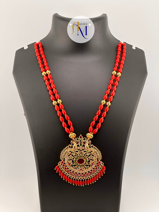 Trending Red Coral beaded long haram with beautiful pendant and coral hangings