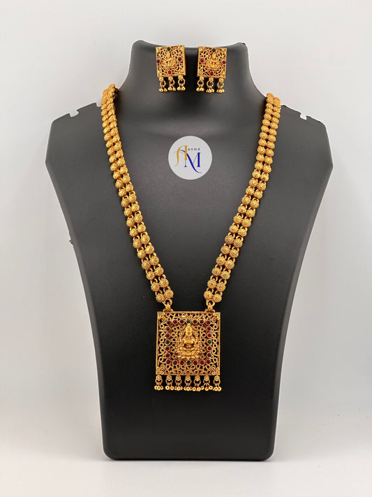 Antique square lakshmi pendant long haram with square earrings