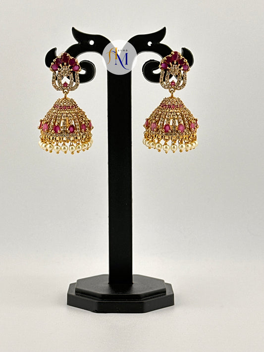 Beautiful Pink and white CZ stones and white pearl hanging earrings