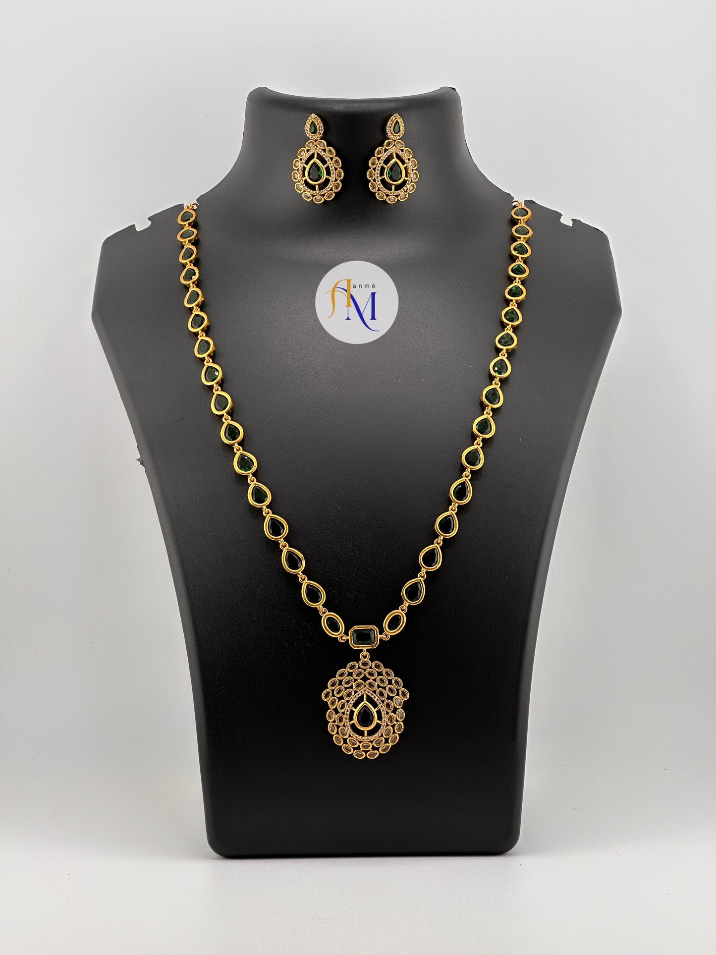 Trending beautiful green and white stones long haram with earrings