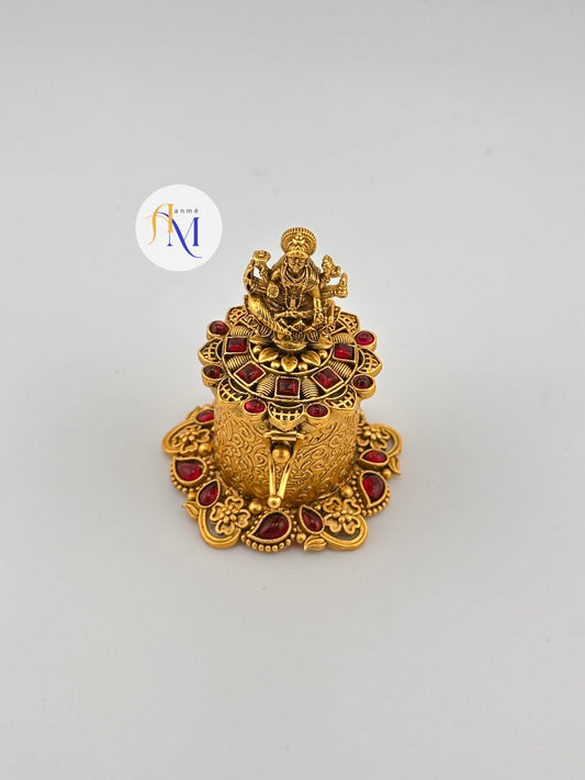 Beautiful temple design lakshmi idol kumkum box with ruby stones