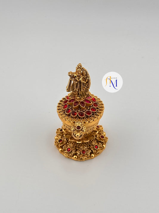 Unique Radha Krishna Kumkum box/Kumkuma cheppu/Sindoor dappi with ruby-green stones(Available in 2 colors)