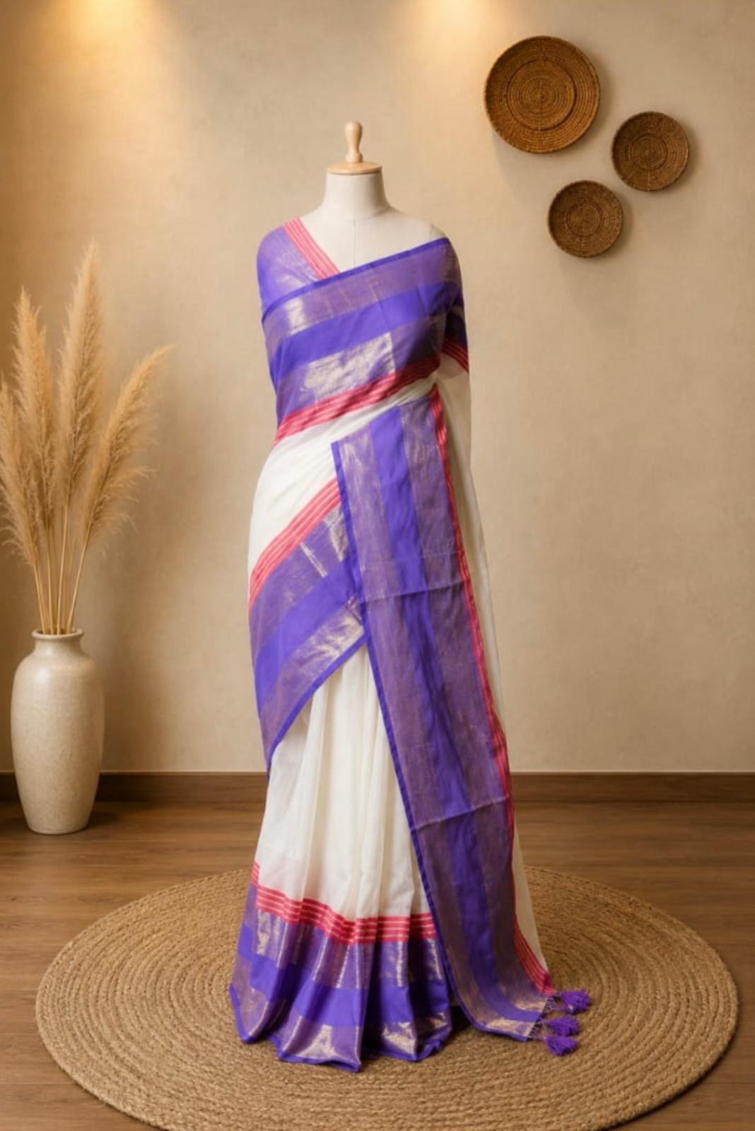 Pure 120 count Mul Cotton Kanchi Border Saree – Elegant Off-White with Royal Purple & Pink Zari Border