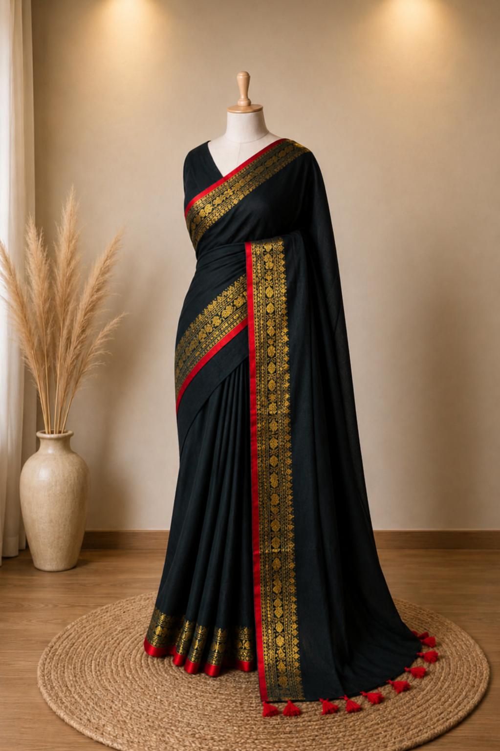 Pure 120 count Mul Cotton Saree – Regal Black with Antique Gold & Vibrant Red Border