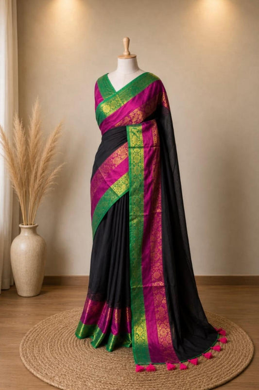 Pure 120 count Mul Cotton Kanchi Border Saree – Regal Black with Rich Magenta & Emerald Green Zari Border