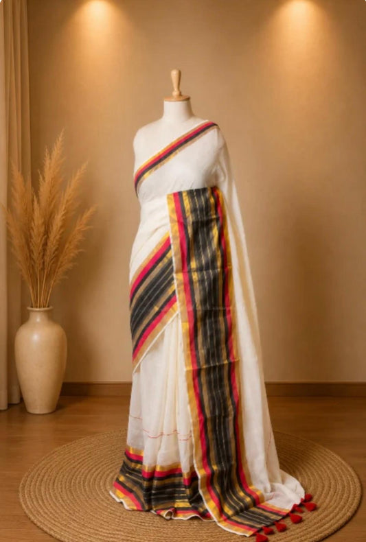 Pure 120 Count Mul Cotton Saree – Elegant Off-White with Classic Black, Red & Gold Border